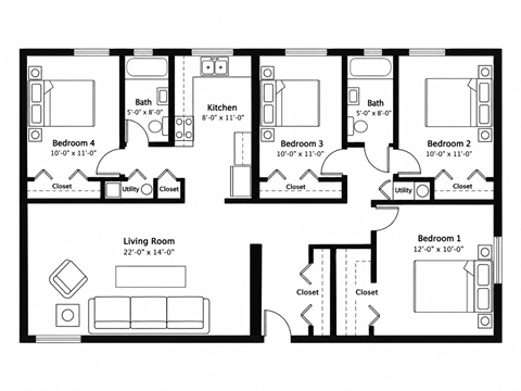 Floor plan for 4 beds, 2 baths